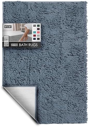 Hearth & Harbor Bathroom Rugs, Chenille Bath Mat - Machine Washable Bath Mats for Bathroom Non-Slip Backing Rubber, Quick Dry Bathroom Mat, 24 x 36 - Stone Blue