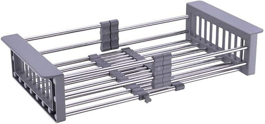 Dish Drying Rack, Stainless Steel Dish Drainer with Adjustable Arms Holder Functional Kitchen Sink Organizer for Vegetable and Fruit, Gray Large