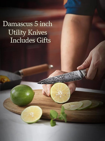DONGSUN 5 Inch Damascus Utility & Steak Knife with North American Black Walnut Sheath, 67-Layer VG10 Forged Steel Japanese Kitchen Knife, Professional Durable Sharpness