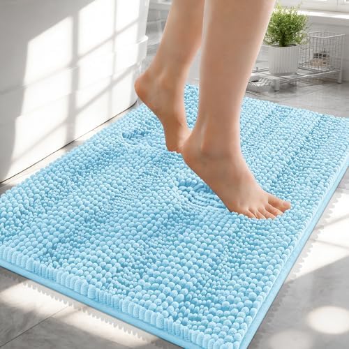OLANLY Thick Small Bathroom Rugs 24x16, Soft Chenille Bath Rugs, Sky Blue