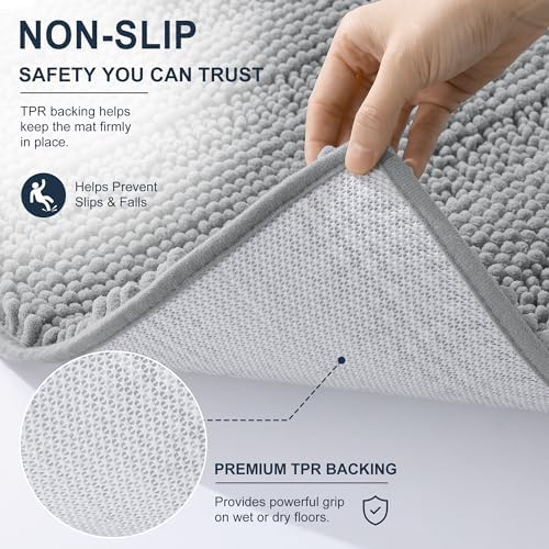 Smiry Thick Chenille Bathroom Rugs 30x20, Absorbent Bath Mat, Light Grey