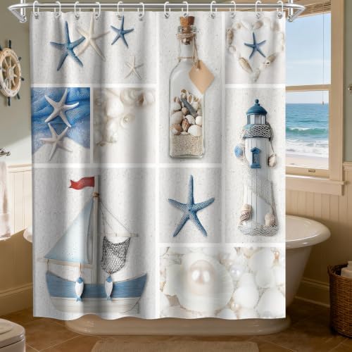 Beach Extra Long Shower Curtain Modern Ocean Nautical Summer Theme Fabric Nature Summer Bathroom Decor Sets with Grommets and Hooks 72 W x 84 H Inches Blue and White