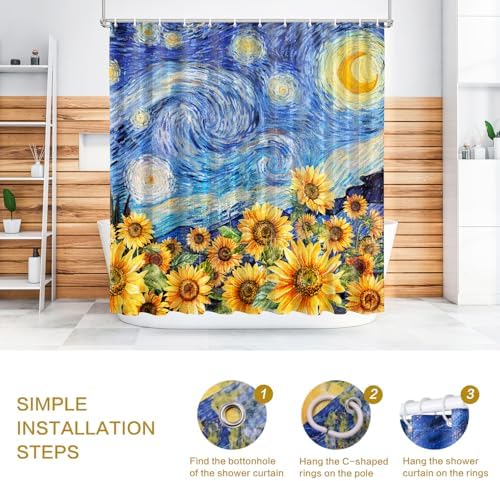 Shower Curtain Starry Night Sunflowers Van Gogh Inspired Art Decor 72x72