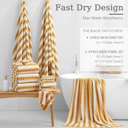 8 Piece Bathroom Towel Set |2 Oversized Bath Towels,2 Hand Towels,4 Washcloths| 600GSM Soft Hotel Towel Set Large Bath Sheet for Bathroom,Highly Absorbent Quick Dry Bath Towel Collections,Golden Brown