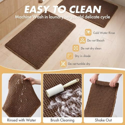 MIULEE Set of 2 Waffle Bathroom Rugs Boho Bath Mat Mocha 17"x24"+18"x30"