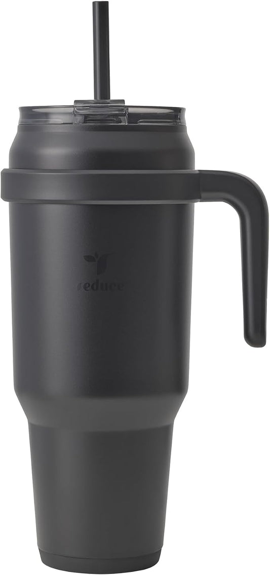 REDUCE 50 oz Stainless Steel Tumbler with Handle - Dual-Wall Vacuum Insulated Travel Mug, Sweat-Proof Lid & Reusable Straw - Keeps Drinks Cold for 24 Hrs, Fits Cupholders, Dishwasher Safe - Black