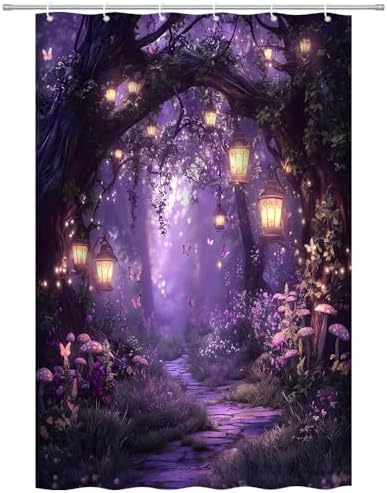 Fantasy Forest Path Shower Curtain Purple Fairy Magical Enchanted Misty Jungle Mushroom Floral Tree Butterfly Lantern Wonderland Bath Curtain Fabric Bathroom Accessories Decor with Hooks 47W x70L