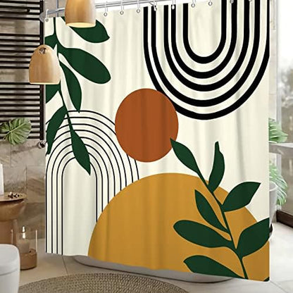 Abstract Boho Mid Century Shower Curtains for Bathroom Geometric Leaves Moon Phase Beige Modern Minimalistic Plant Fabric Waterproof Bathroom Curtain Decor Set with 12 Hooks 72x72 Inch