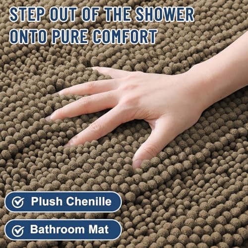 Grandaily Chenille Striped Bathroom Rugs 24x16, Extra Thick and Absorbent Bath Mats, Non-Slip Soft Plush Shaggy Shower Carpet, Machine Wash Dry, Bath Rug for Bathroom, (Small, Camel)