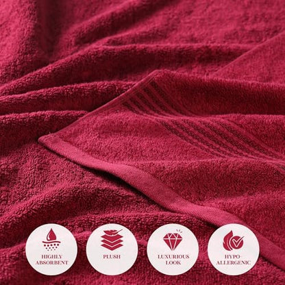 Superior Egyptian Cotton Bath Towel Set, Home Bathroom Towels, Master, Guest Bath, Decor Essentials, Quick Dry, Absorbent, Large Body Towels, Spa, Hotel, Resort, Adult, Kids, Set of 2, Burgundy