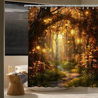 Fantasy Forest Path Shower Curtain Fall Fairy Magical Enchanted Misty Jungle Mushroom Floral Tree Butterfly Lantern Wonderland Bath Curtain Fabric Bathroom Accessories Decor with Hooks 90W x70L