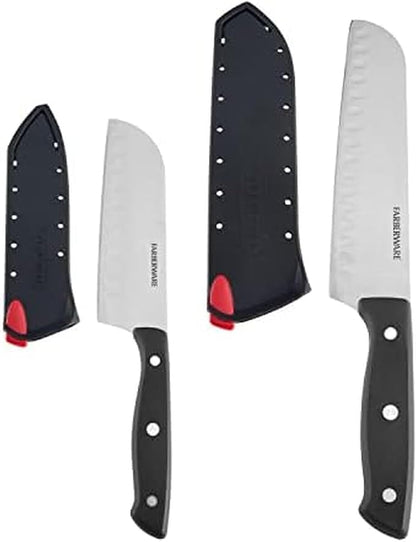 Farberware Edgekeeper Self-Sharpening Triple Riveted Santoku Knife Set, 4-Piece, Black
