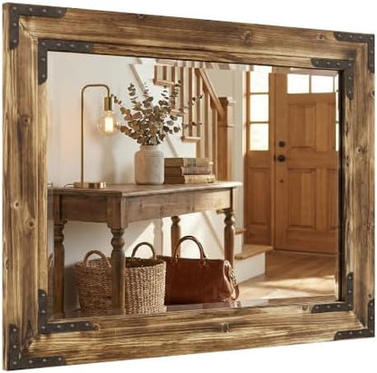 Rustic Brown 30x40 Inch Wood Bathroom Vanity Mirror, Rivets
