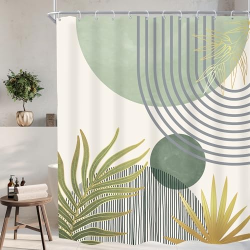 Mid Century Mint Green Boho Abstract Modern Bathroom Shower Curtain Set