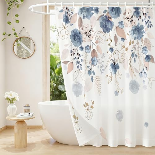 Floral Flower Shower Curtain Set with 12 Hooks,Blue,Thick 120GSM 72 x 72"