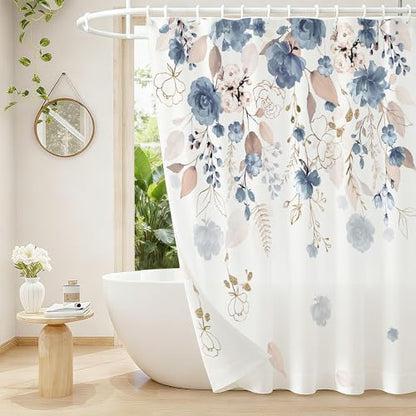 Floral Flower Shower Curtain Set with 12 Hooks,Blue,Thick 120GSM 72 x 72"
