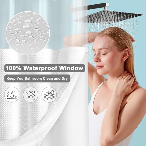 No Hook Shower Curtain with Liner Hotel Waffle EVA Window White 72W X 75L