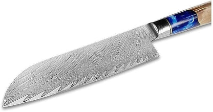 Real Damascus Steel Santouku Knife VG-10 Core Japanese Steel Kitchen Knives for Meat & Vegetable, Cooking Cutlery with Sheath