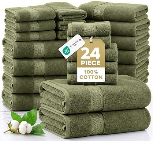 LANE LINEN Large Bath Towel Set Absorbent Quick Dry 100% Cotton - Oil Green