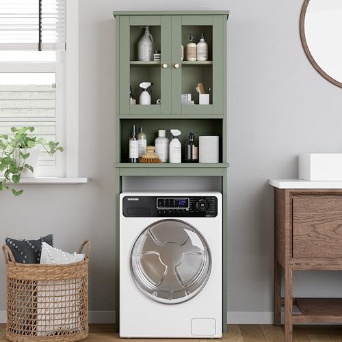 Shintenchi Over the Toilet Storage Cabinet, Bathroom Shelf Organizer with Anti-Tip Device Small Freestanding Space Saver with Adjustable Shelf and Glass Door, Green