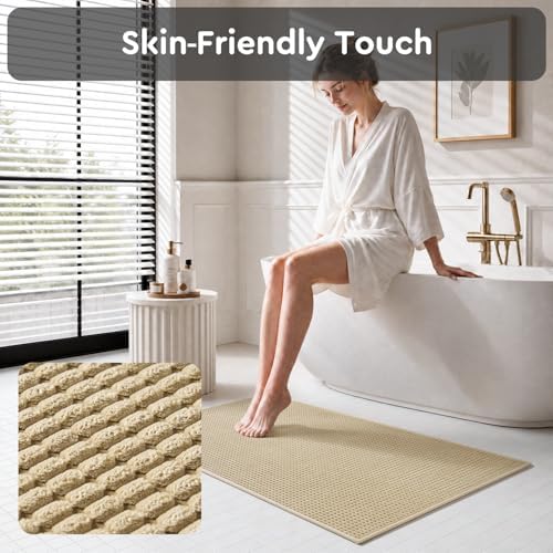 tchdio Bathroom Runner Rug, Absorbent Washable Thin Bath Mat, Non Slip Quick Dry Bath Rugs with Solid Rubber Backing, Low Profile Bath Mat, Beige, 24" x 48"