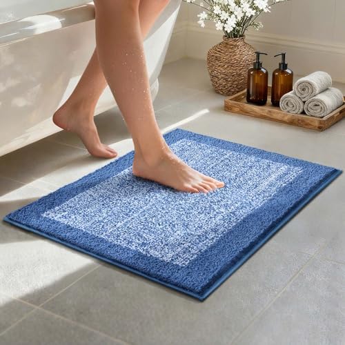 Bathroom Rugs 24x17 Non Slip Washable, Soft Absorbent Bath Mat Blue