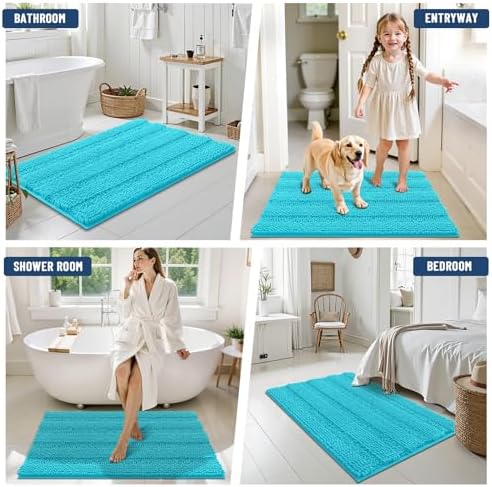 Grandaily Chenille Striped Bathroom Rugs 24x16, Extra Thick and Soft Absorbent Bath Mats, Rubber Backing, Plush Shaggy Shower Carpet, Machine Wash Dry, Bath Rug for Bathroom, Aqua Sky