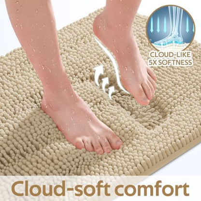 ACCUMTEK Striped Beige Bathroom Rug Mat Set 2 piece 32"x20"+24"x17" Ultra Soft, Non Slip Chenille Bath Rugs, Absorbent Plush Shaggy Bath Mats for Bathroom, Bedroom, Kitchen, Shower, Tub