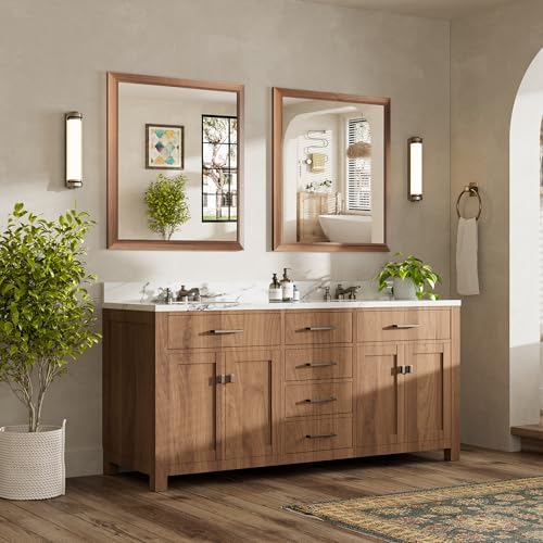 36x32 Inch Bathroom Mirror for Wall, Anti-Rust Walnut Wood Grain Metal Framed Bathroom Mirrors for Over Sink,Rectangler Mirrors for Bathroom Vanity, Farmhouse, Bedroom, Living Room, Entryway Decor