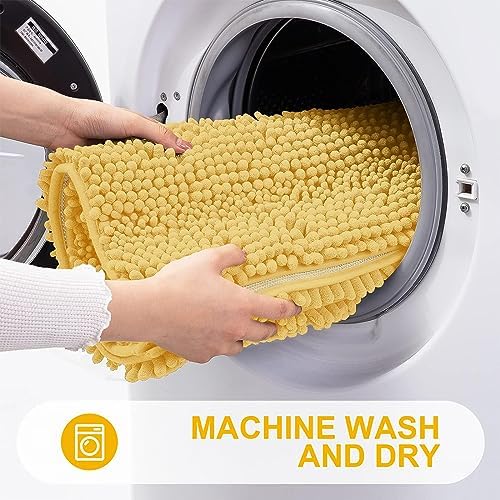 Grandaily Chenille Striped Bathroom Rugs 47x24, Extra Thick and Absorbent Bath Mats, Non-Slip Soft Plush Shaggy Shower Carpet, Machine Wash Dry, Bath Rug for Bathroom, Yellow