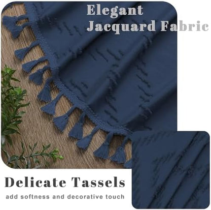 OWENIE Extra Long Dusty Blue Boho Shower Curtain, Chic Tufted Chevron Striped Textured Cloth Fabric Shower Curtains with Tassel for Bathroom, Soft Hotel Style Farmhouse, Machine Washable, 72x96