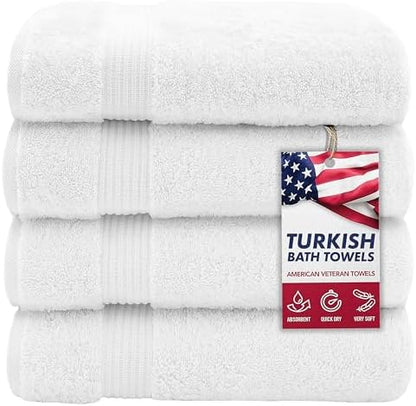American Veteran Towel, 100% Cotton Turkish Bath Towels for Bathroom 4 Pack, 27x54 Extra Large Premium Soft Drying Bathroom Towels, White
