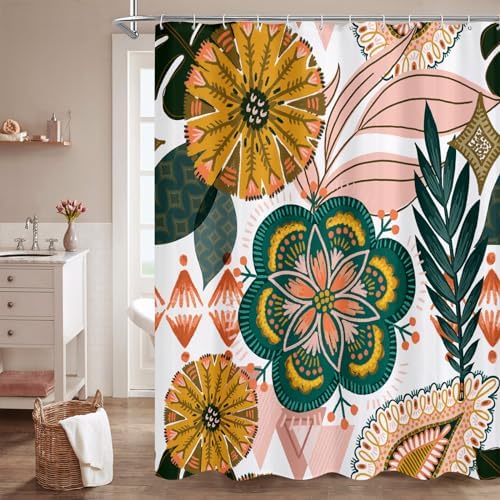 Boho Floral Shower Curtain, White & Pink Botanical Curtain, 72 x 72