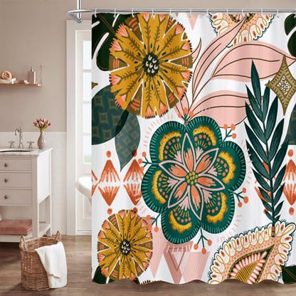 Boho Floral Shower Curtain, White & Pink Botanical Curtain, 72 x 84
