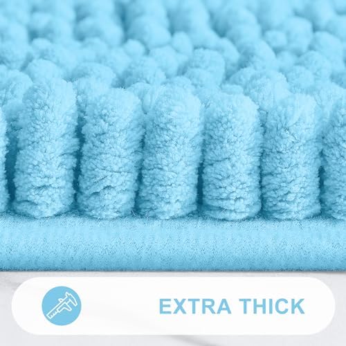 Grandaily Chenille Striped Bathroom Rugs 24x16, Extra Thick and Absorbent Bath Mats, Non-Slip Soft Plush Shaggy Shower Carpet, Machine Wash Dry, Bath Rug for Bathroom, (Small, Blue)