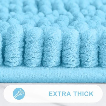 Grandaily Chenille Striped Bathroom Rugs 30x20, Extra Thick and Absorbent Bath Mats, Non-Slip Soft Plush Shaggy Shower Carpet, Machine Wash Dry, Bath Rug for Bathroom, (Medium, Blue)