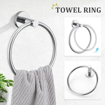 TURS Chrome 5 Piece Bathroom Hardware Set, SUS304 Stainless Steel 24 Inch Bath Towel Bar Set, Round Bathroom Accessories Kit Wall Mounted
