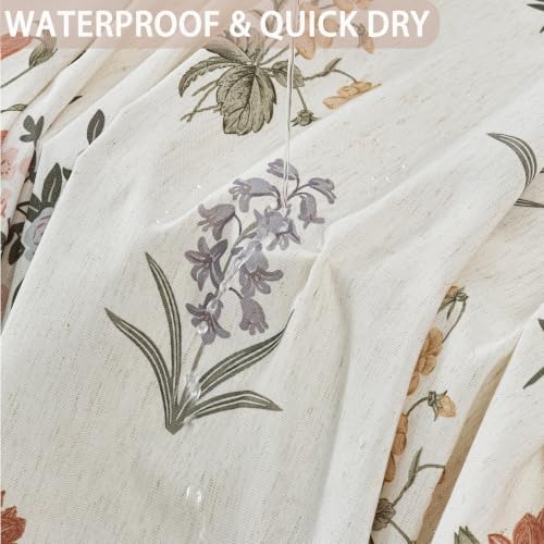 ORTIGIA Linen Textured Shower Curtain with Tassels,Vintage Floral Boho Cottagecore Waterproof Bath Curtain Metal Hooks for Rustic Farmhouse Bathroom Decor 72x72 Inch