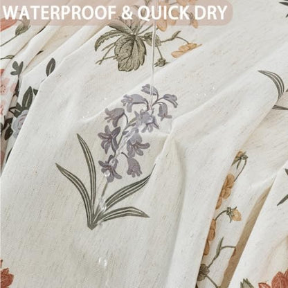 ORTIGIA Linen Textured Shower Curtain with Tassels,Vintage Floral Boho Cottagecore Waterproof Bath Curtain Metal Hooks for Rustic Farmhouse Bathroom Decor 72x72 Inch