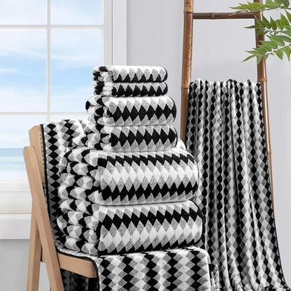 8 Piece Bathroom Towel Set Black White|2 Oversized Large Bath Towels Sheet,2 Hand Towels,4 Washcloths| 600GSM Soft Towel Set for Bathroom Hotel,Highly Absorbent Quick Dry Bath Towel Collections