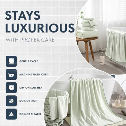 8-Piece Premium Towel Set for Bathroom|2 Oversized Large Bath Sheet,2 Hand Towels,4 Washcloths|Soft Cozy Highly Absorbent Fast Dry Microfiber Shower Towel Set for Hotel Bathroom Essentials,Green White