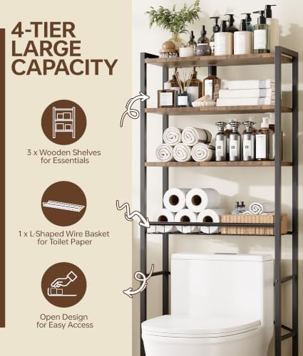 4-Tier Over-the-Toilet Storage Rack with One-Piece Wooden Shelves & Open Net Basket, Bathroom Organizer with Adjustable Feet & Anti-Tip Kit, Space-Saving Toilet Shelf, Brown, 24.4" x 9.4" x 69.3"