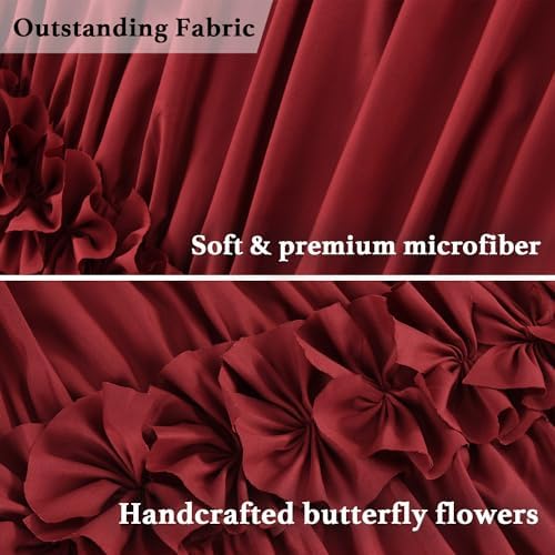 Homechoice Decor Burgundy Ruffle Shower Curtain, Vintage Handcrafted Bow Tie Bath Curtain for Master Bathroom, Ruched Microfiber Bathroom Curtain with 12 Buttonholes, 72" W x 72" H (LQ-10)
