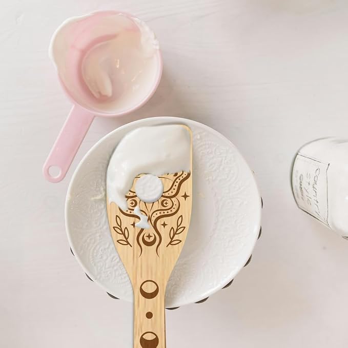 GLOBLELAND 6 Pcs Moon Moth Wooden Spoons Utensil Set Moon Phases Bamboo Kitchen Cooking Utensils for Women and Men Wooden Engraved Cooking Spatula Set for Kitchen Fun House Warming Gift