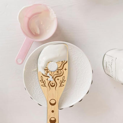 GLOBLELAND 6 Pcs Moon Moth Wooden Spoons Utensil Set Moon Phases Bamboo Kitchen Cooking Utensils for Women and Men Wooden Engraved Cooking Spatula Set for Kitchen Fun House Warming Gift