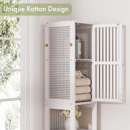 Amazer White Bathroom Storage Cabinet 70'', Bamboo Slim Storage Cabinet with Rattan Door and Adjustable Shelves, Narrow Freestanding Organizer for Living Room Kitchen