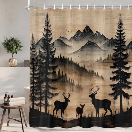 Rustic Deer Shower Curtain, Cabin Country Wood Lodge Hunting Wild Animal Vintage Farmhouse Hunting Camping Camper RV Bathroom Decor Polyester Fabric Mens Bath Curtain Set with Hooks,47X70IN