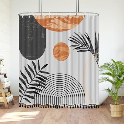 Boho Mid Century Leaf Shower Curtain Set,Arch Sun Design,Minimalistic Leaves Pattern,Waterproof and Luxurious Fabric-12 Hooks(Grey-72" x 72")