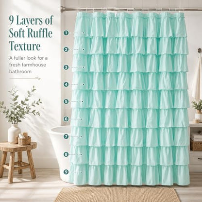 Teal Ruffle Shower Curtain for Bathroom, 72 x 72 Inch, 1 Panel