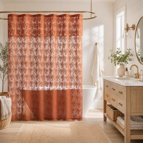 Orange Lace Shower Curtain with Attached Valance, 72x72, Terracotta